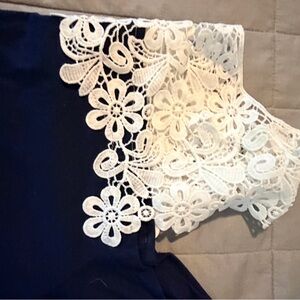 Navy Cold Shoulder top with White Lace Detail